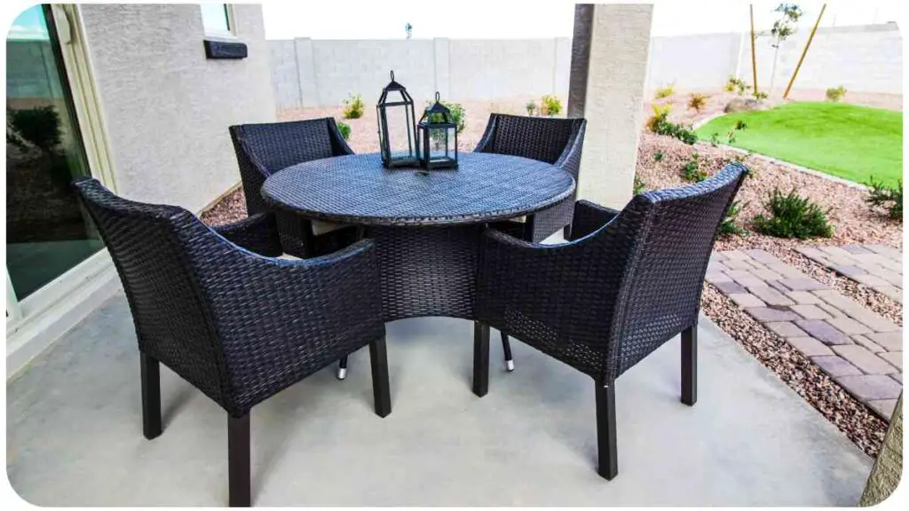 a patio table and four chairs on a concrete floor