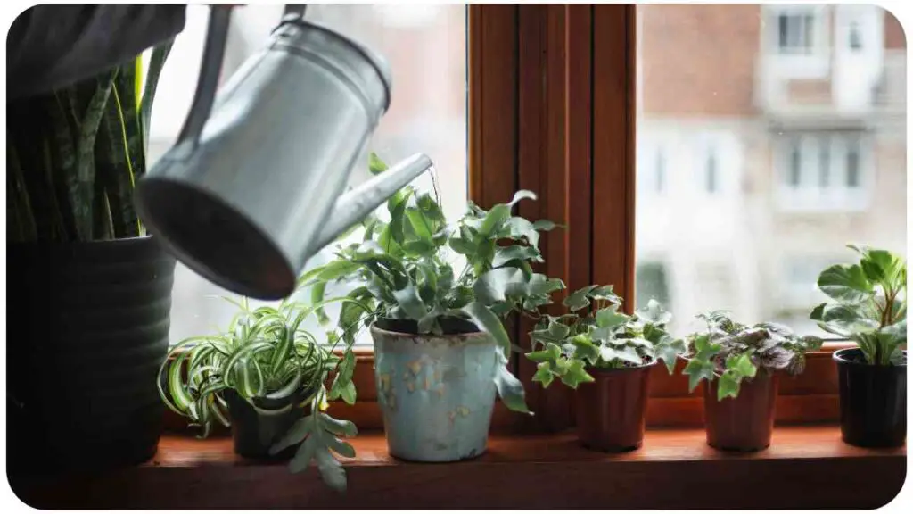 a person watering plants on a window sill