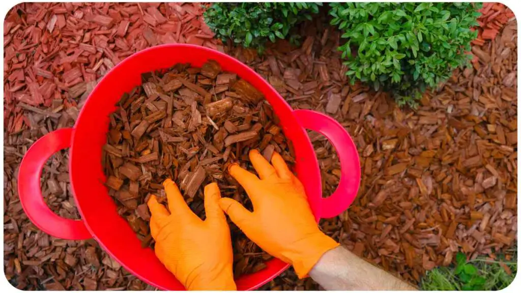 a person wearing gloves is holding a bucket of mulch.