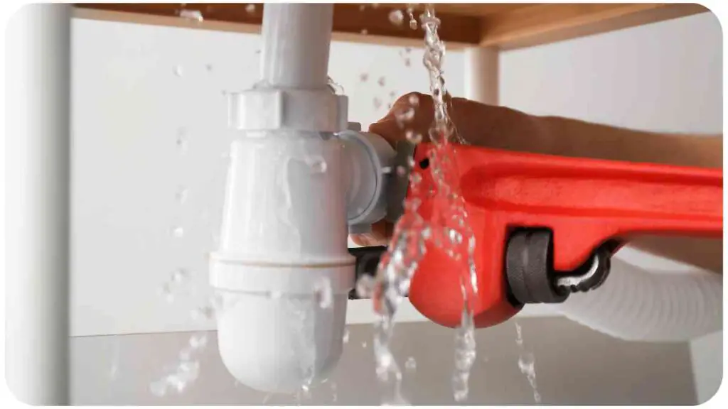 a person is fixing a water faucet with a red tool