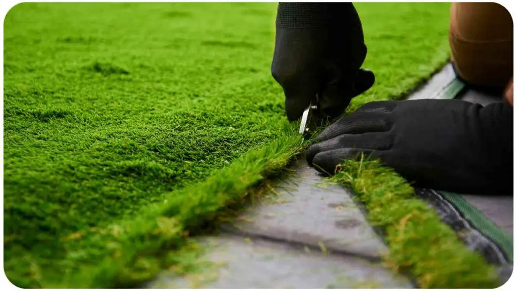 a person is cutting grass with a pair of gloves