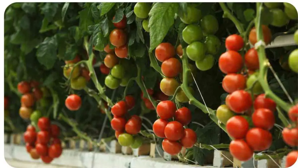 tomatoes growing in an indoor greenhouse