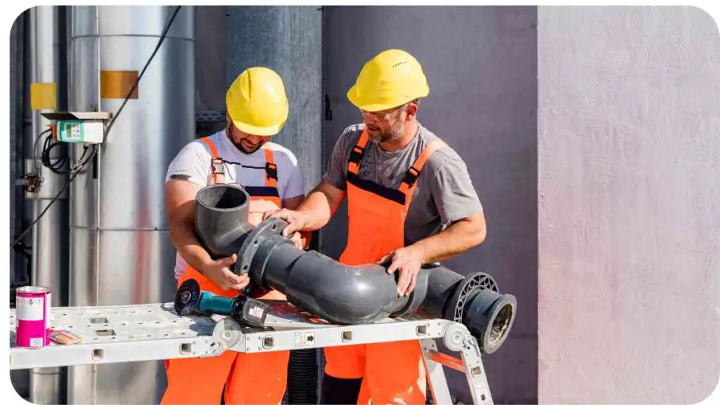 two individuals working on a pipe in front of a building