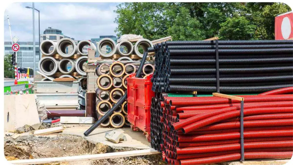 a pile of red and black pipes on a construction site