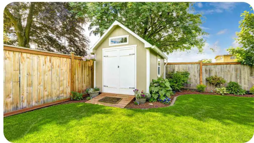 a small shed in a backyard with green grass