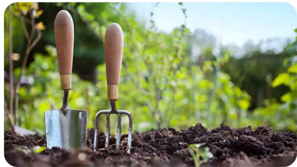 two gardening tools sit on top of dirt in a garden