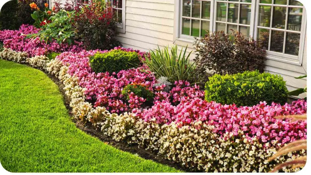 a flower bed with pink and white flowers in front of a house