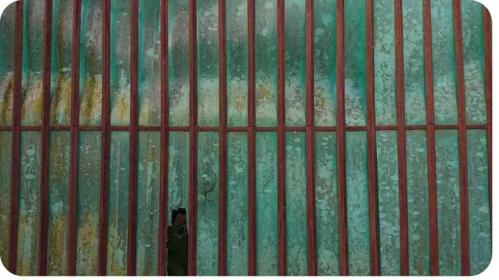 a person standing in front of a green metal fence