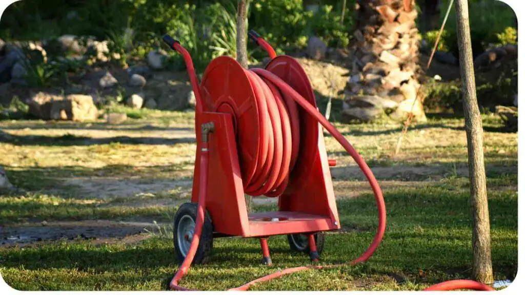 a red hose on a cart with a tree in the background
