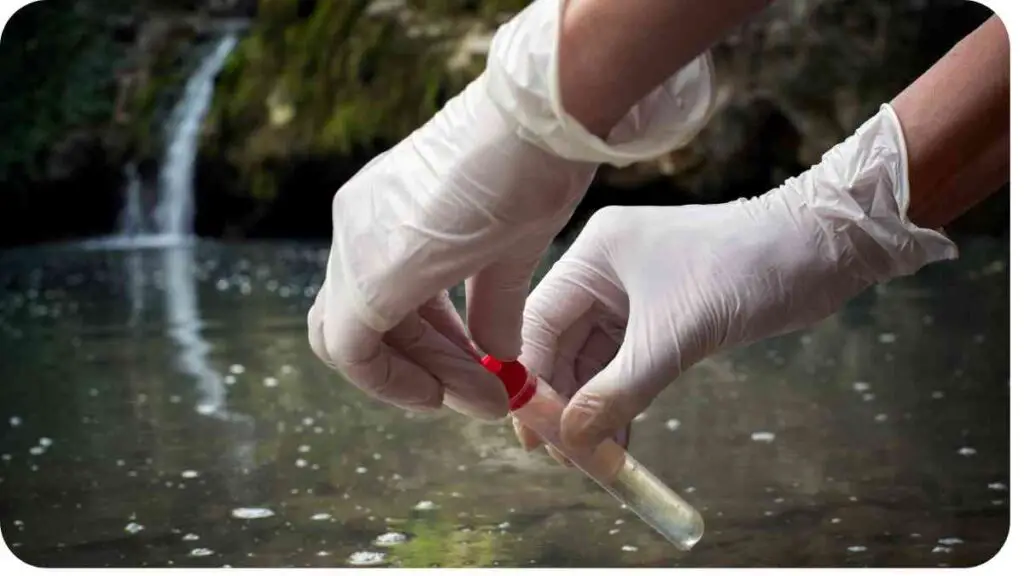a person in white gloves is holding a piece of plastic in the water