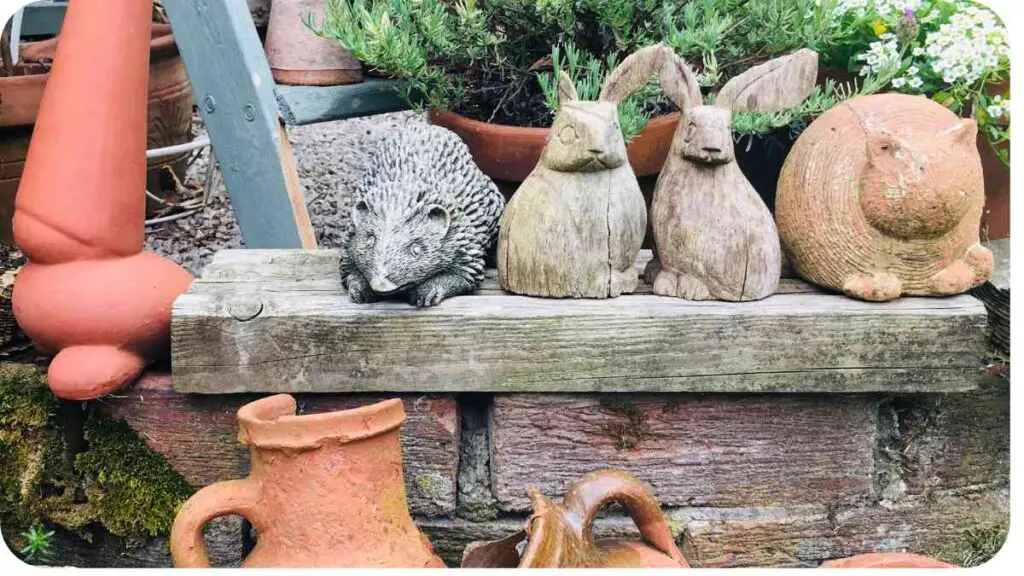 several clay pots and animal figurines are sitting on top of each other
