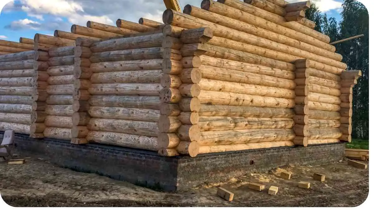 a log cabin is being built on the side of a building