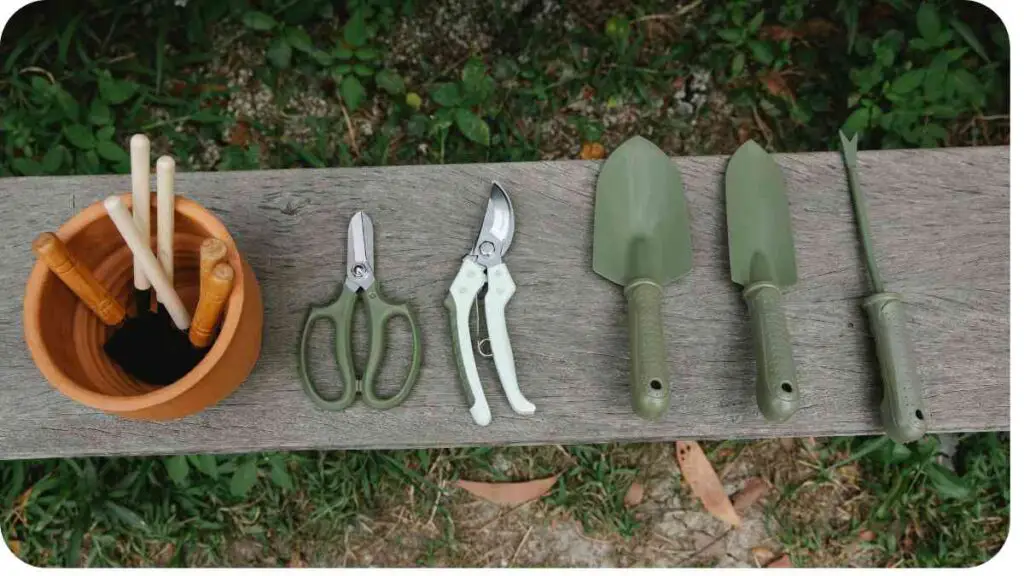 several gardening tools laid out on a wooden bench