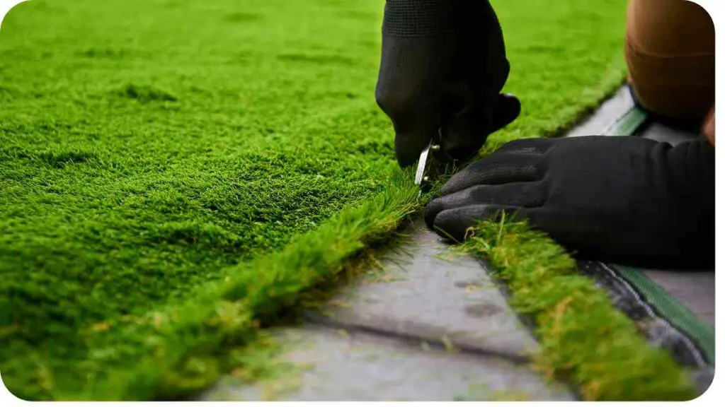 a person in black gloves is trimming artificial grass