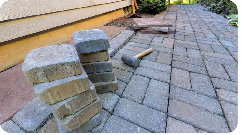 a brick walkway with a hammer and bricks on it