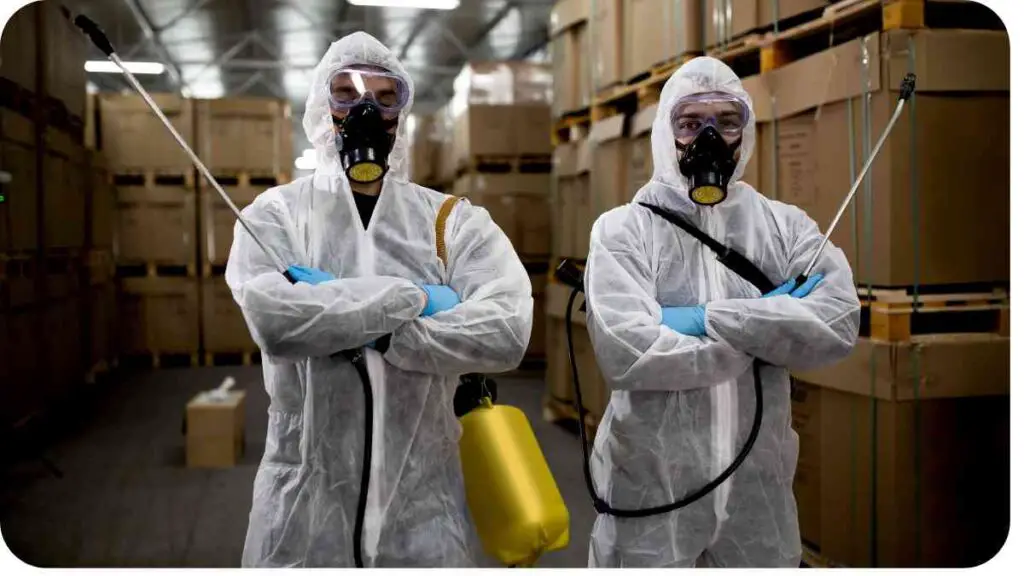 two people in protective suits standing in a warehouse