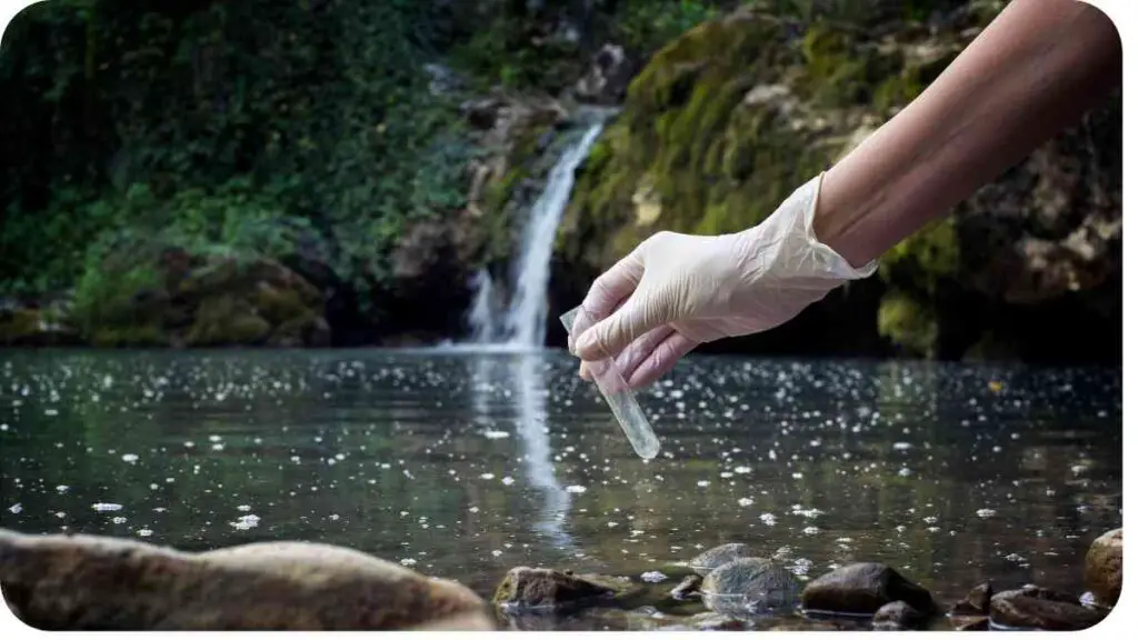 a person in white gloves holding a piece of plastic in front of a waterfall