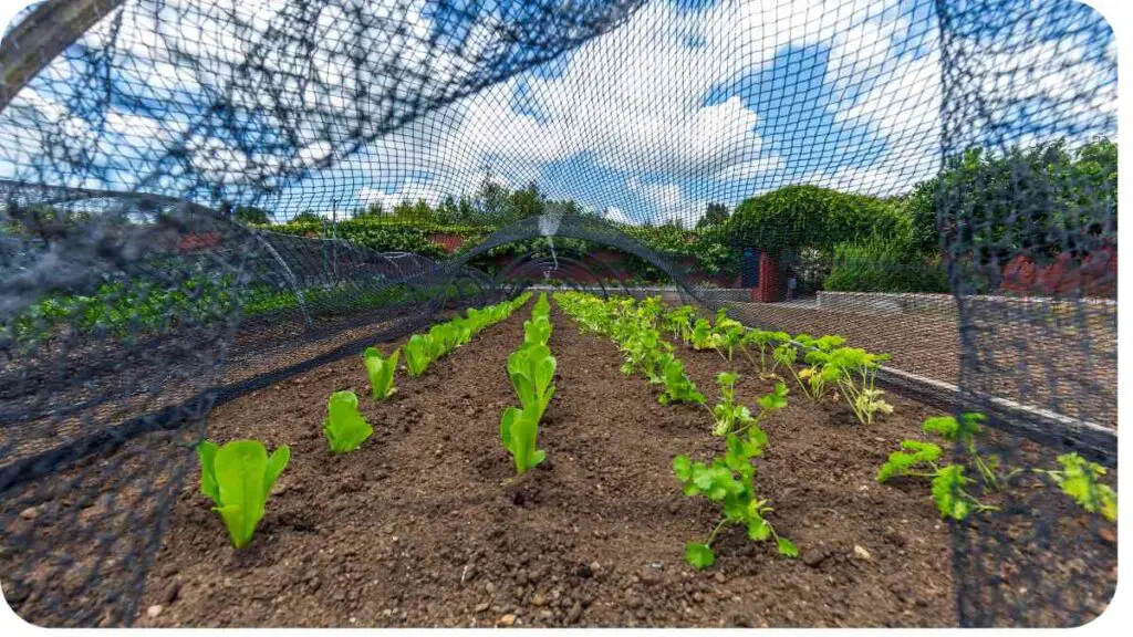 vegetables growing in a garden under a mesh net