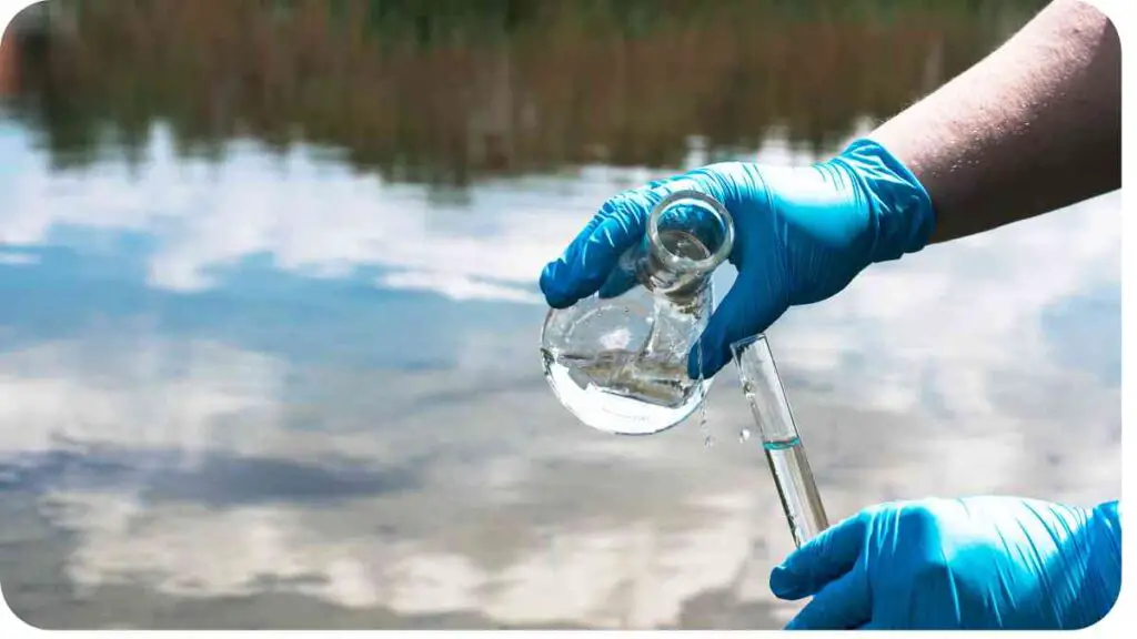a person in blue gloves holding a test tube in front of a body of water