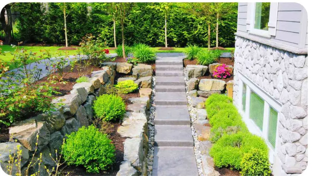 a stone path leading to a house with plants and shrubs