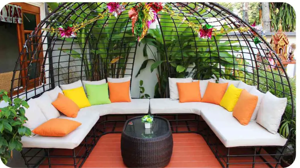 an outdoor seating area with colorful cushions and pillows