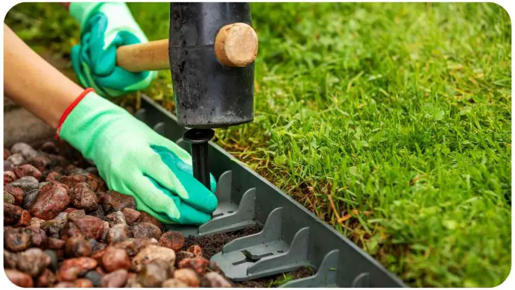 a person is using a hammer to put gravel in a garden