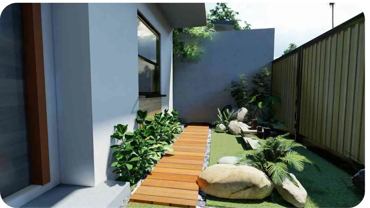 a 3d rendering of a small yard with plants and rocks