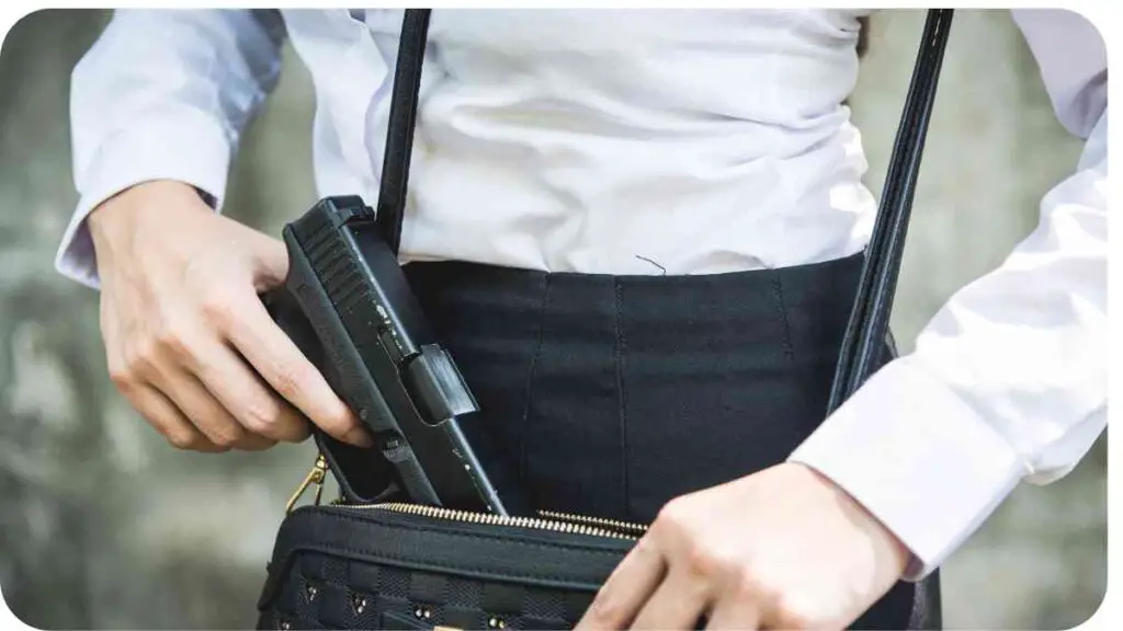 a person is holding a purse with a gun in it
