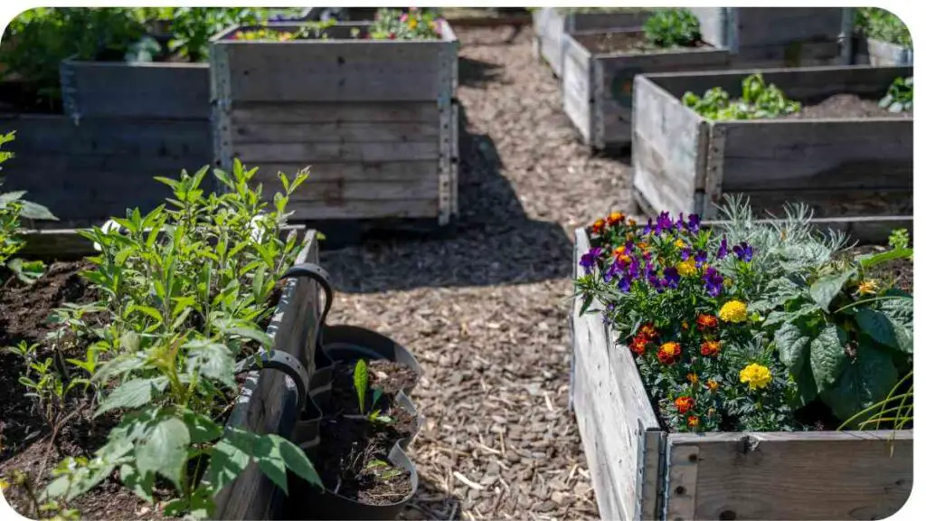 several wooden planters filled with flowers and vegetables