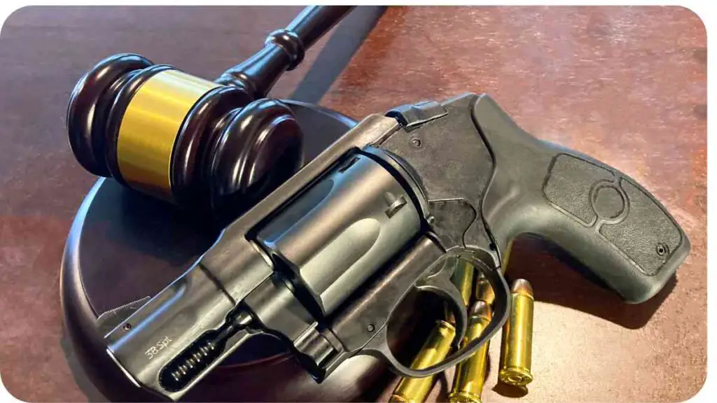 a revolver and a judge's gavel on a table